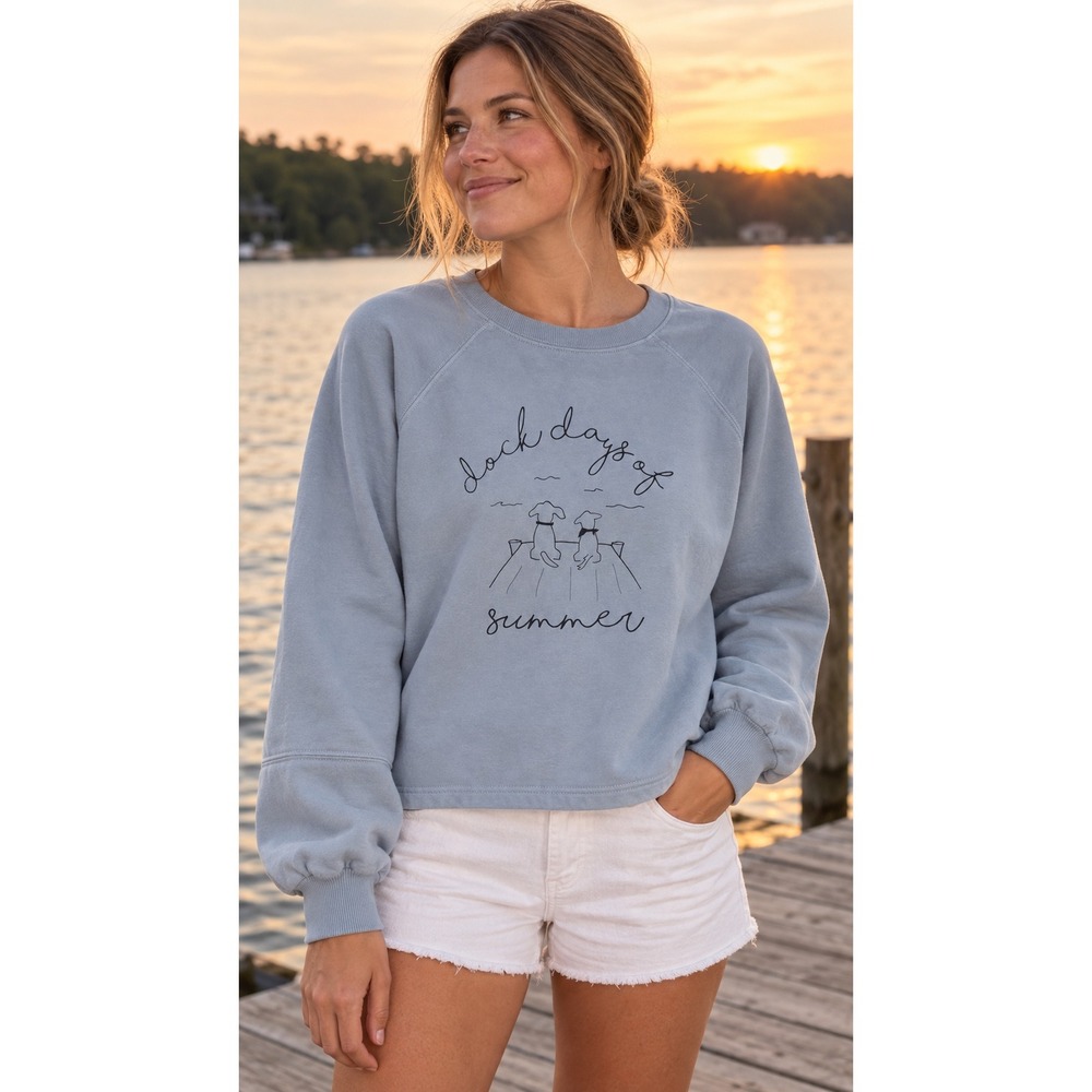 Boat House Apparel Dock Days of Summer Dog Graphic Sweatshirt Light Blue Small